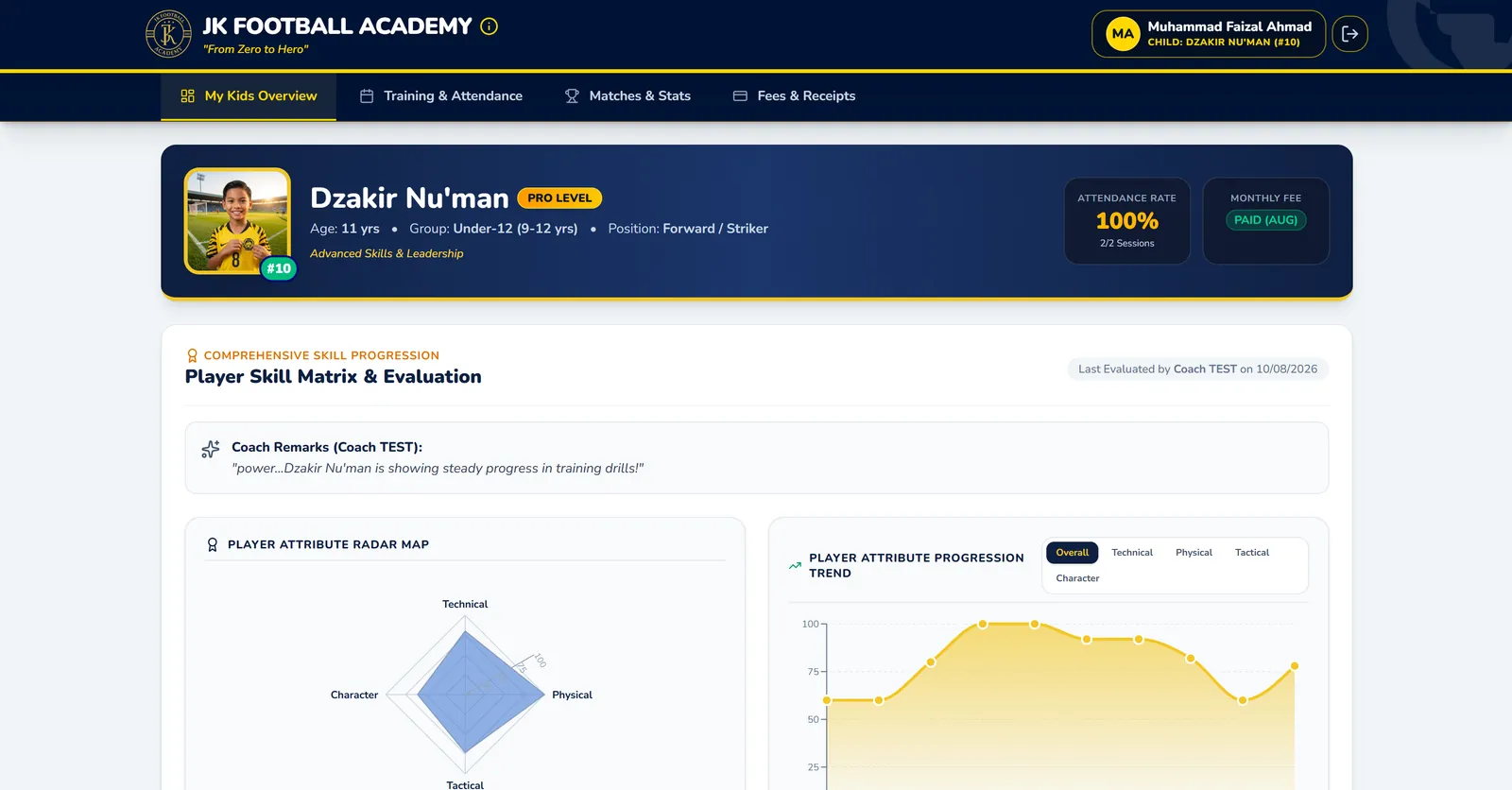 JK Football Academy custom web application dashboard for player evaluations, squad management, and parent billing - engineered by IAMK Digital