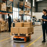 Pekerja memerhatikan sistem jentera automasi dan BlackBerry robot AI dalam operasi gudang moden