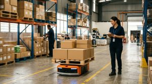 Pekerja memerhatikan sistem jentera automasi dan BlackBerry robot AI dalam operasi gudang moden