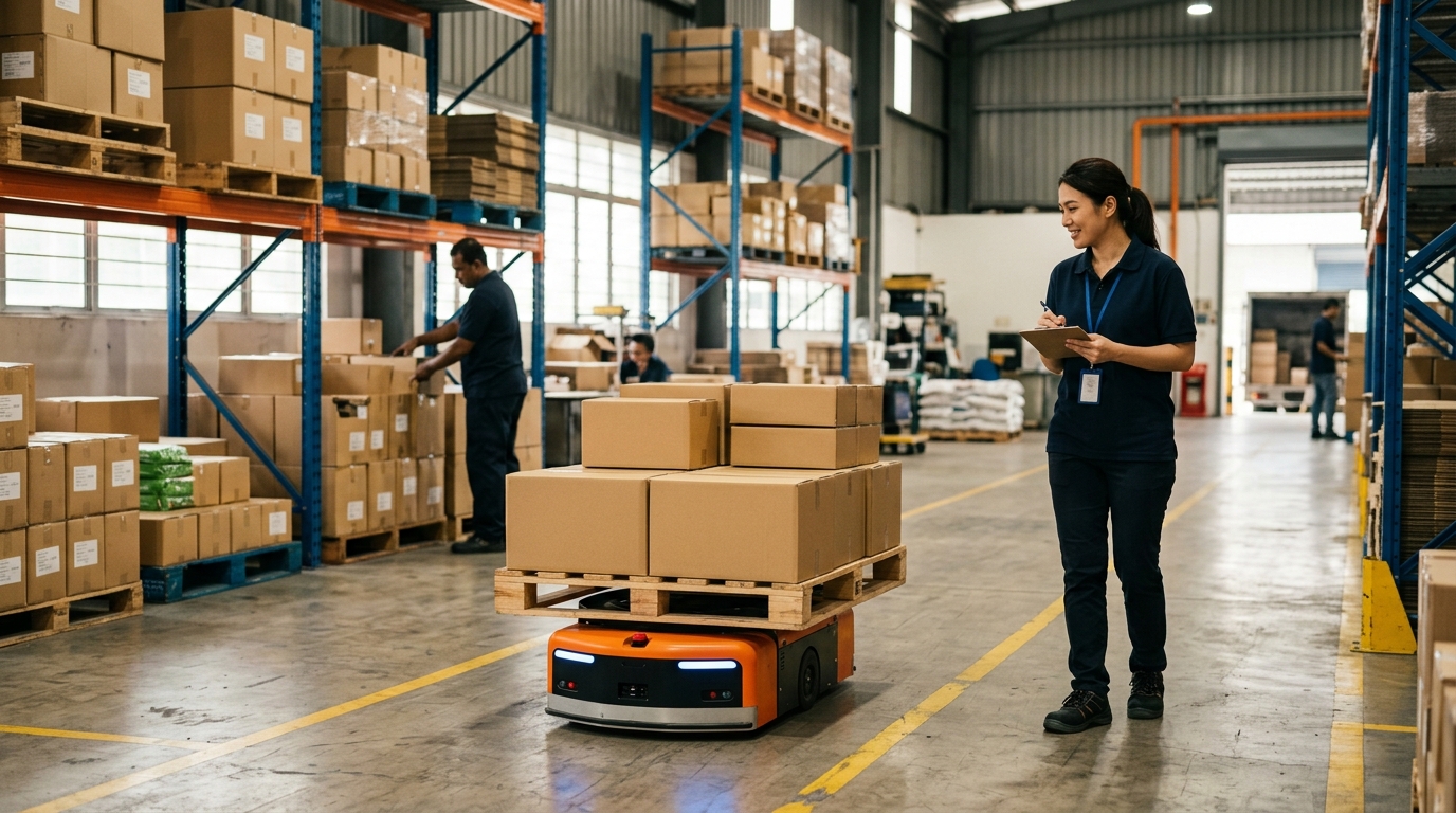 Pekerja memerhatikan sistem jentera automasi dan BlackBerry robot AI dalam operasi gudang moden