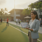 Malaysian business manager reviewing academy operations on a custom web portal Malaysia