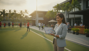 Malaysian business manager reviewing academy operations on a custom web portal Malaysia
