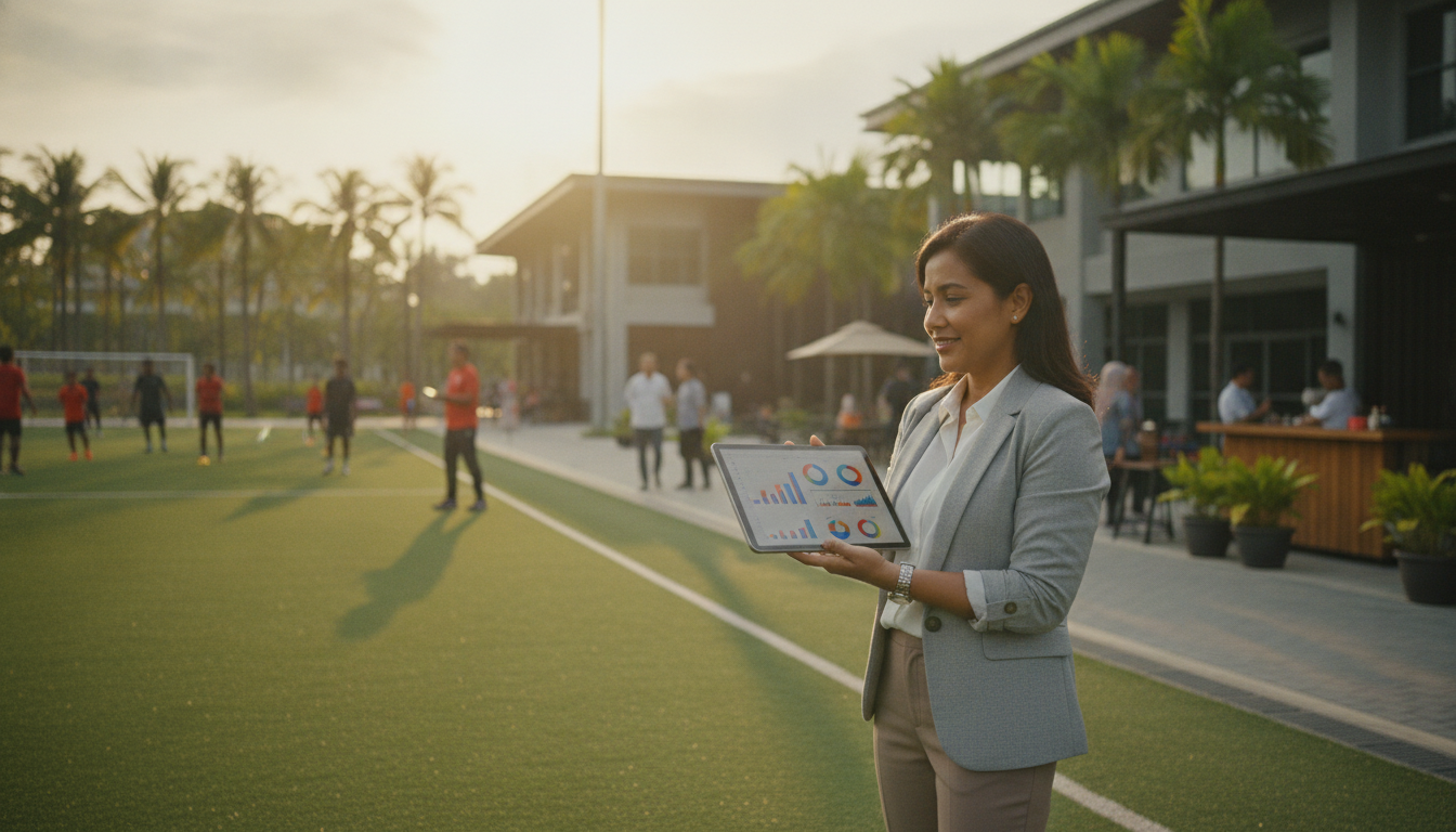 Malaysian business manager reviewing academy operations on a custom web portal Malaysia