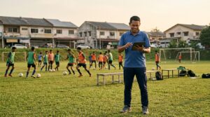 Malaysian coach on a sports pitch using a tablet with sports academy management software Malaysia interface.