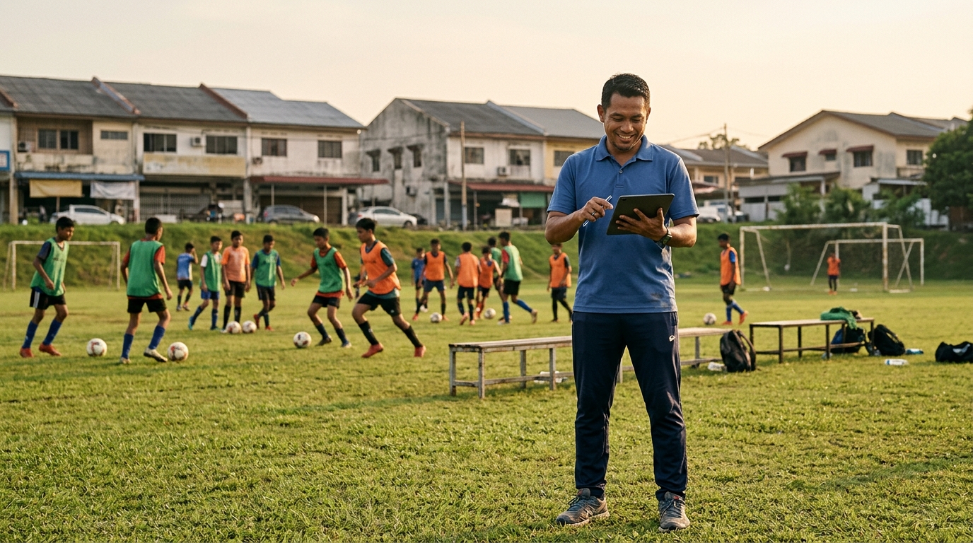 Malaysian coach on a sports pitch using a tablet with sports academy management software Malaysia interface.