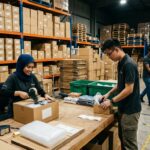 Pekerja e-commerce Malaysia menyusun barangan untuk pos malam ni di gudang penyimpanan