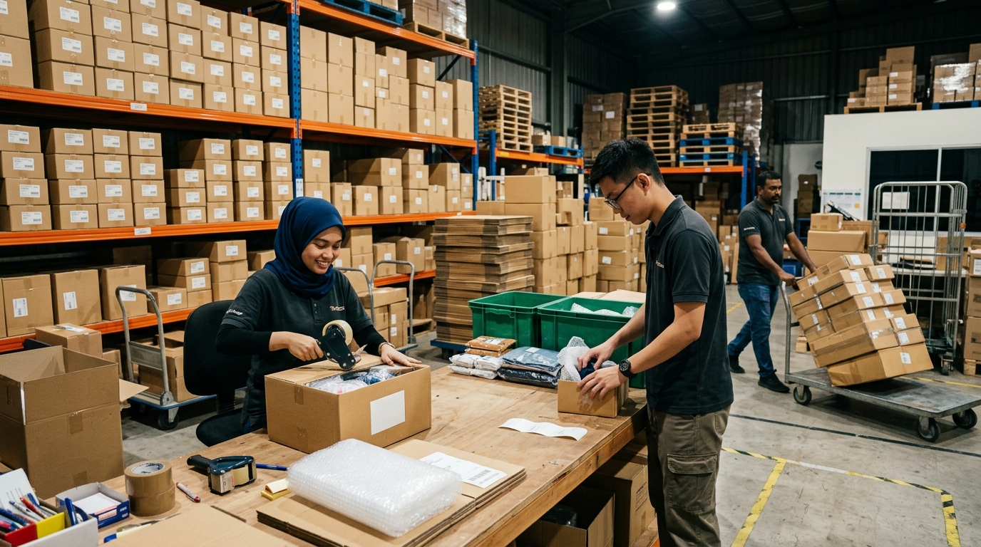 Pekerja e-commerce Malaysia menyusun barangan untuk pos malam ni di gudang penyimpanan