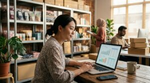Malaysian business owner analyzing store performance for digital growth ecommerce