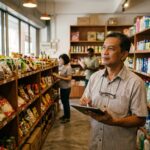 Pemilik kedai di Malaysia menggunakan tablet untuk menyemak sistem pengurusan stok kedai di stor