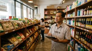 Pemilik kedai di Malaysia menggunakan tablet untuk menyemak sistem pengurusan stok kedai di stor
