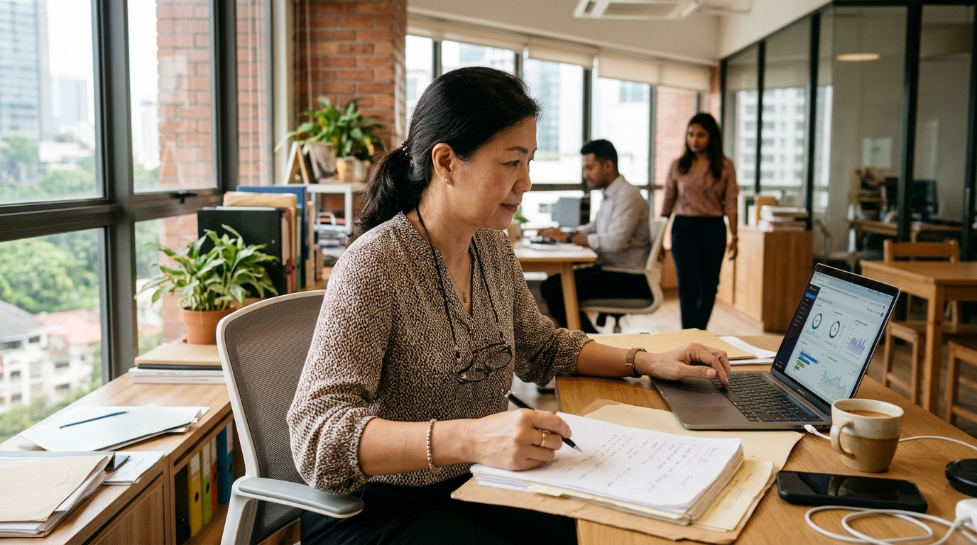Malaysian small business owner reviewing operational records to solve common SME Malaysia problems