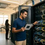 IT technician checking server racks related to the SoftBank AI investment Malaysia project
