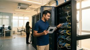 IT technician checking server racks related to the SoftBank AI investment Malaysia project