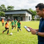 Coaching staff viewing a sports academy management system Malaysia portal on a smartphone at a training session.