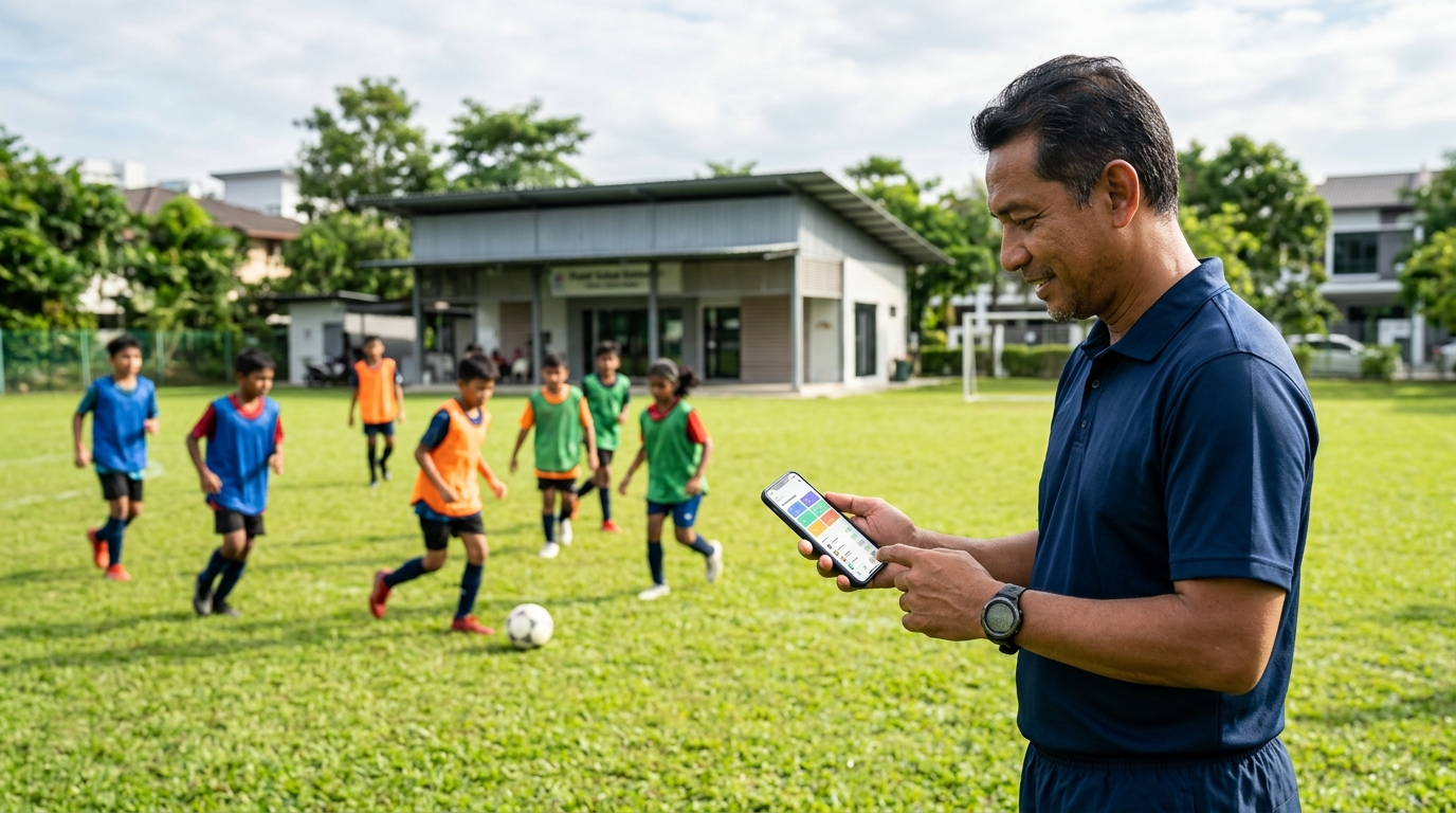 Coaching staff viewing a sports academy management system Malaysia portal on a smartphone at a training session.