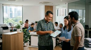 Malaysian business manager reviewing automated ai workflows for smes on a digital tablet in an office