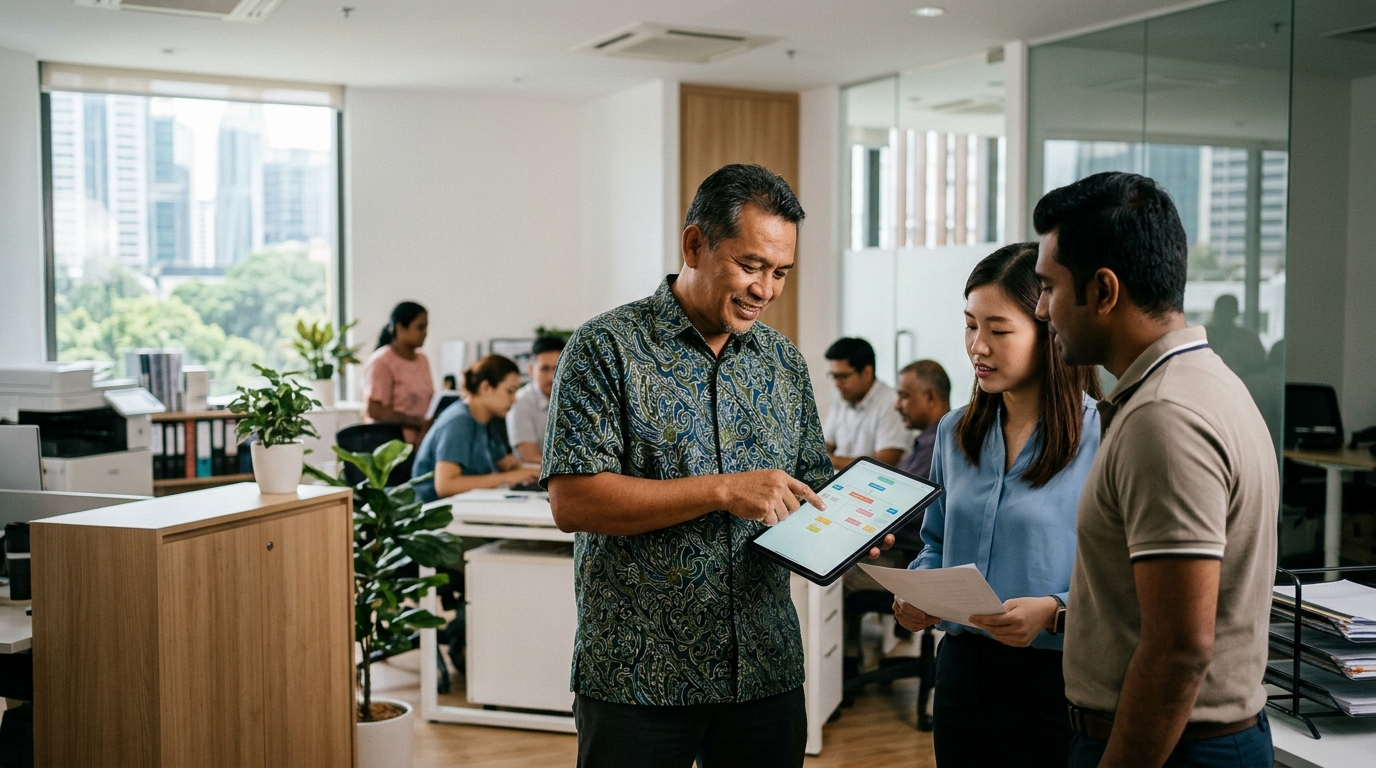 Malaysian business manager reviewing automated ai workflows for smes on a digital tablet in an office