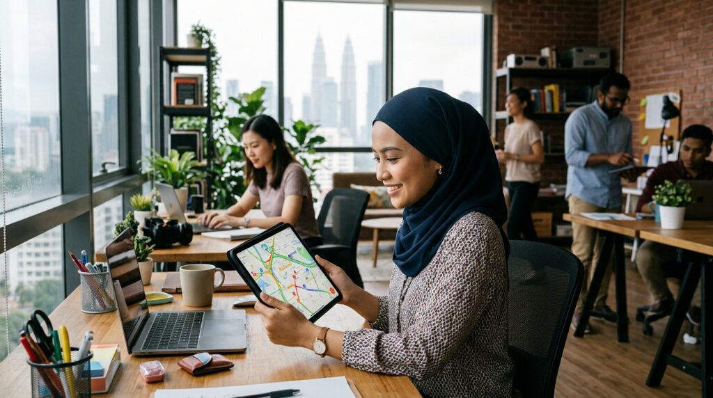 Malaysian business professional examining navigation software using the TuJu map app on a tablet computer.