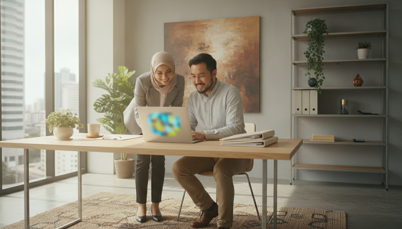 Malaysian professionals discussing how to automate repetitive business tasks in their office
