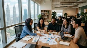 Malaysian professionals discussing technology solutions, representing what is TuJu AI malaysia and local digital innovation.