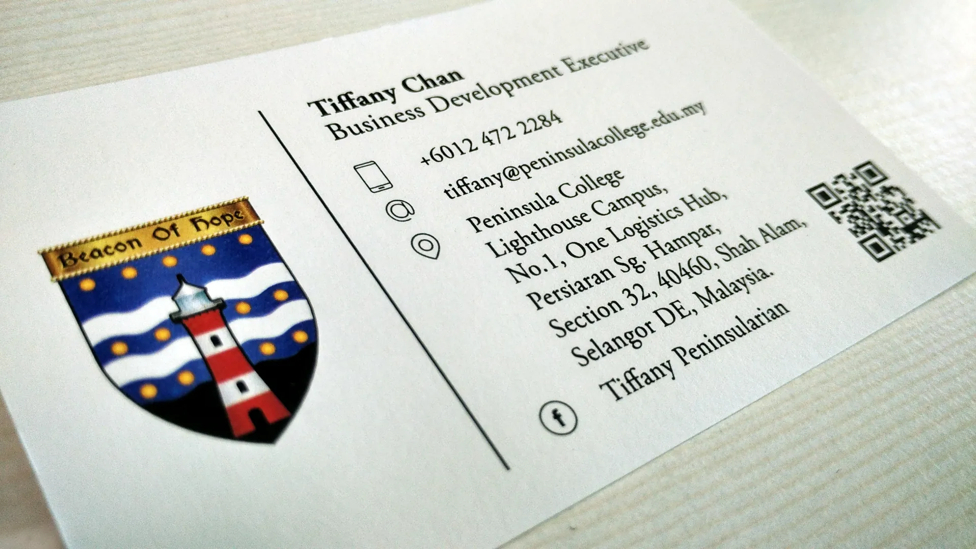 Peninsula College branding card design, front side